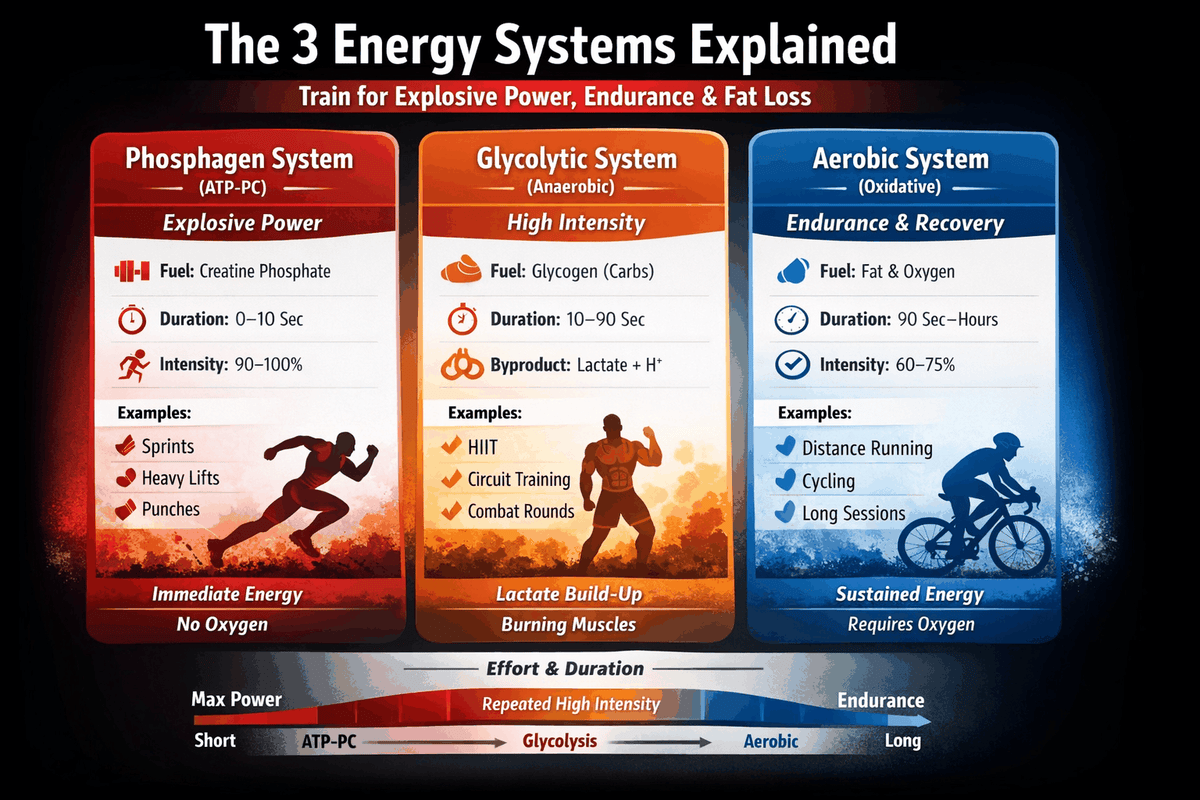Learn how the 3 energy systems work, including the phosphagen, glycolytic and aerobic systems, and how to train for power, endurance and performance. By Amino Man.