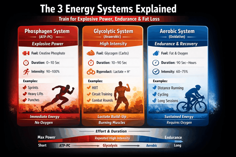 Learn how the 3 energy systems work, including the phosphagen, glycolytic and aerobic systems, and how to train for power, endurance and performance. By Amino Man.