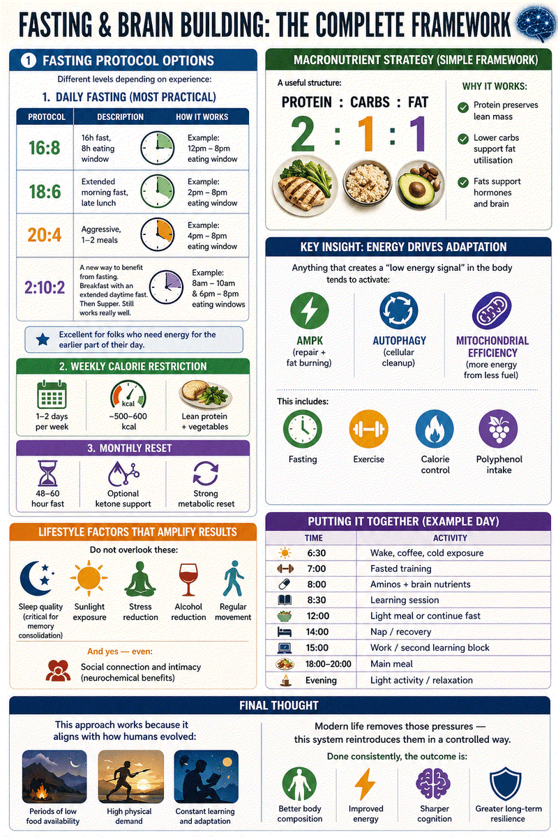 Fasting infographic with a blue, green and purple layout showing protocol options, nutrition strategy, lifestyle factors and brain benefits