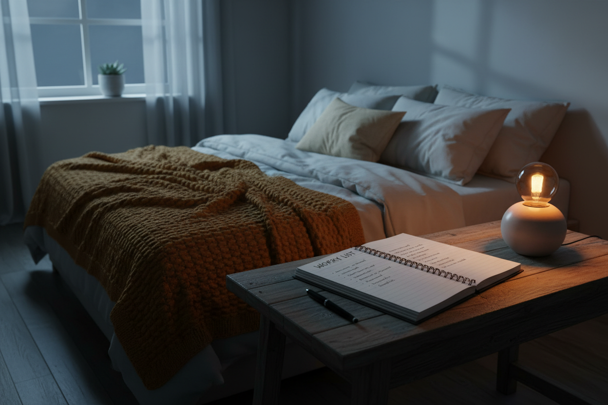 A bed, journalling and a candle to help sleep supporting strategies.