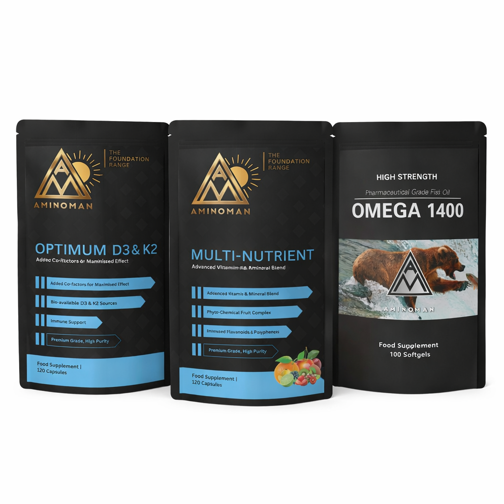 Supplements for women: combining high-strength Vitamin D3 & K2, multivitamin, fish oil. Supports immunity, energy, bone health and everyday vitality. By Amino Man.