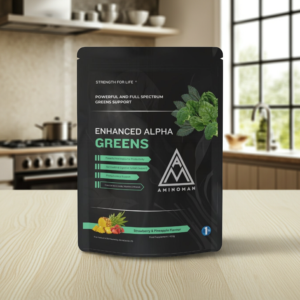 Aminogman Enhanced Alpha Greens package on a kitchen counter