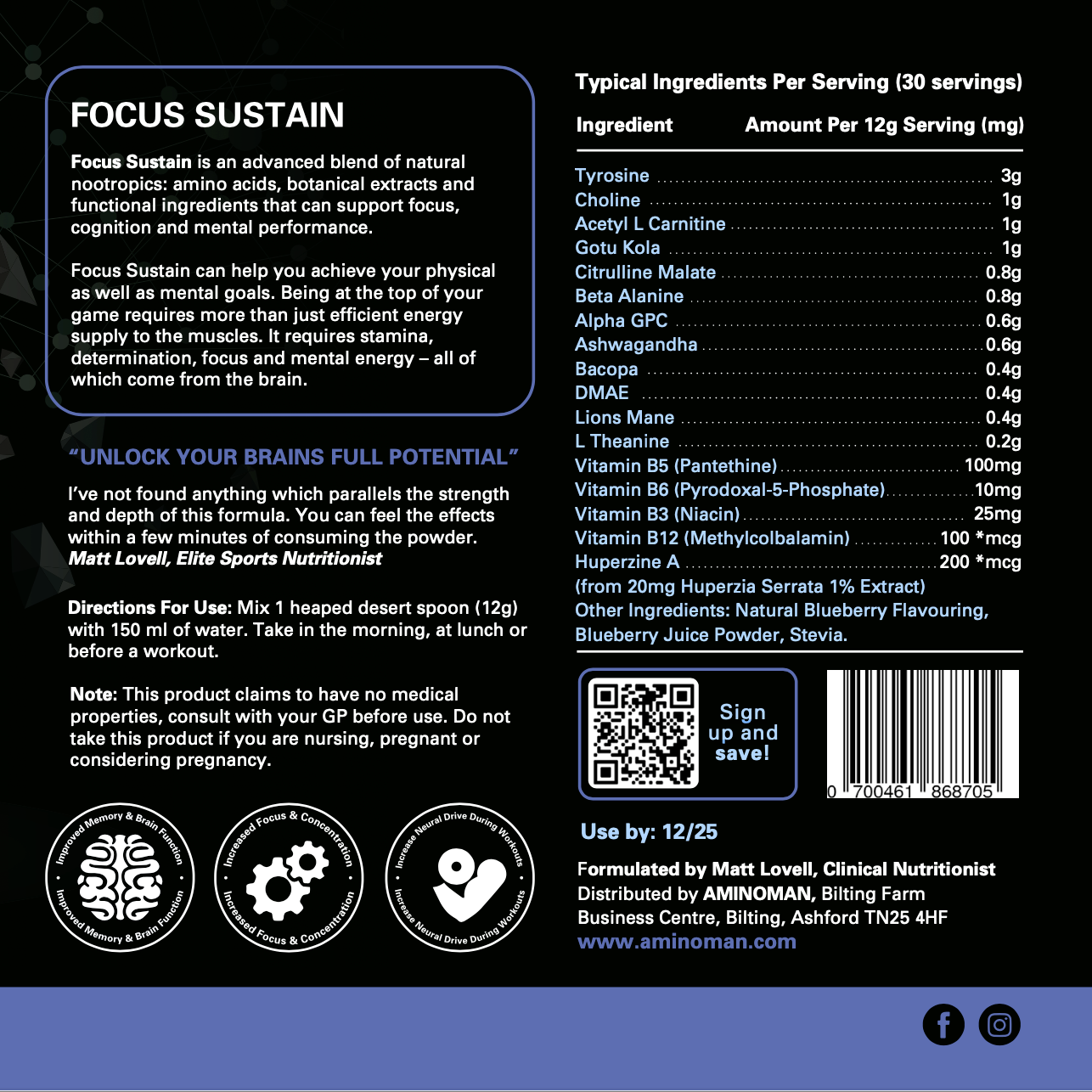 Focus Sustain Formula - Stim-Free Nootropic Pre-Workout Blend (Blueberry Flavour) Ingredients and Nutritional Information