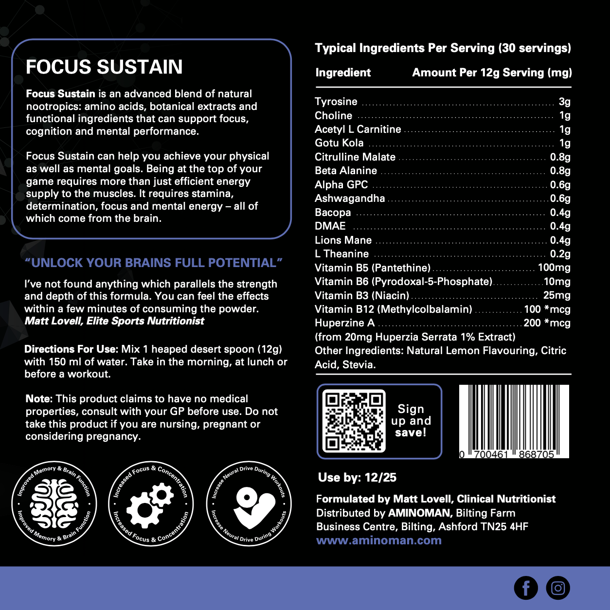 Focus Sustain Formula - Stim-Free Nootropic Pre-Workout Blend (Lemon Flavour) Ingredients and Nutritional Information