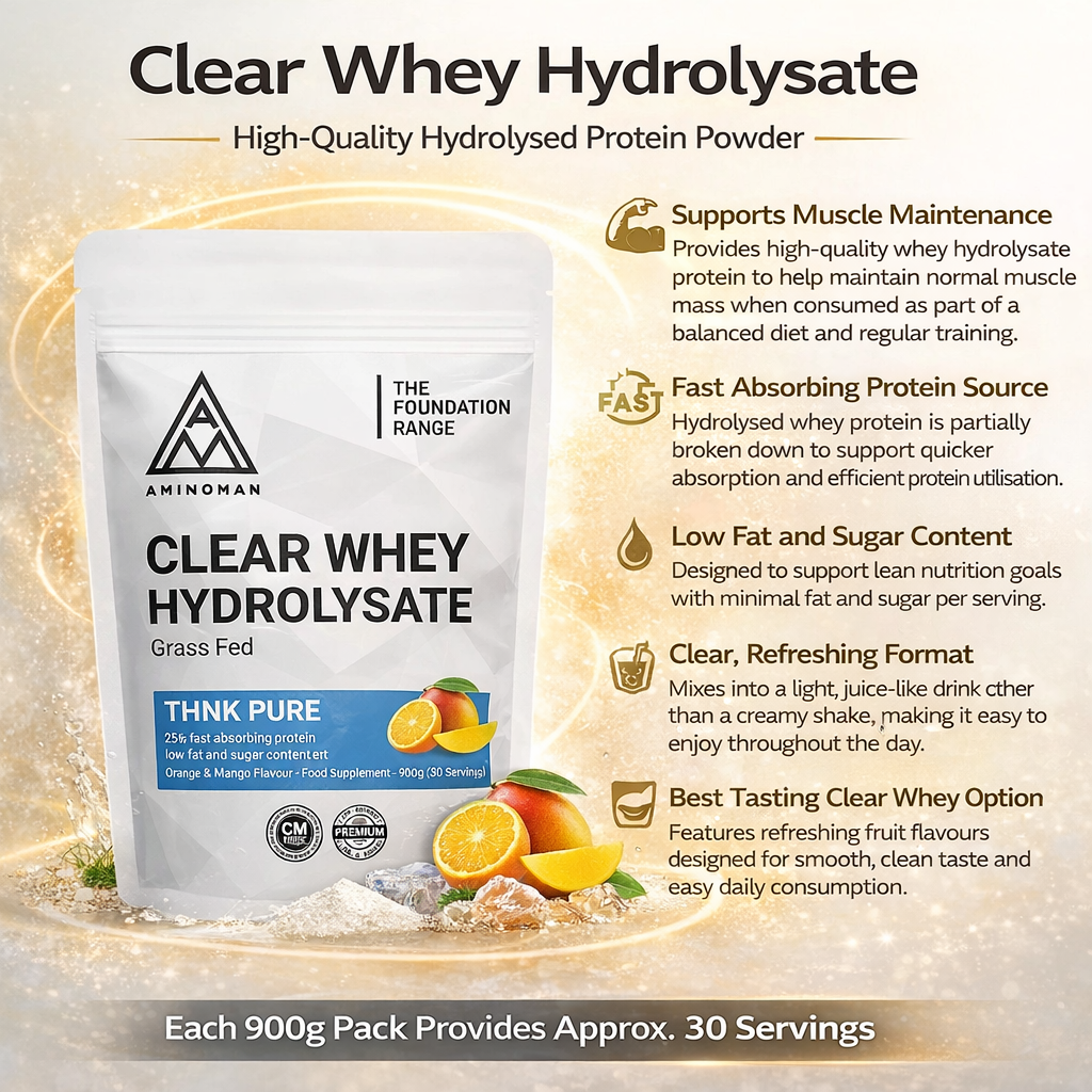 Clear Whey Hydrolysate benefits. Protein powder packaging with product details on a white background