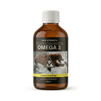 A 300ml amber brown bottle of AminoMan Omega 3 liquid fish oil supplement, lemon flavour, with a white ribbed cap and a black label featuring a seal of purity and an image of a salmon.