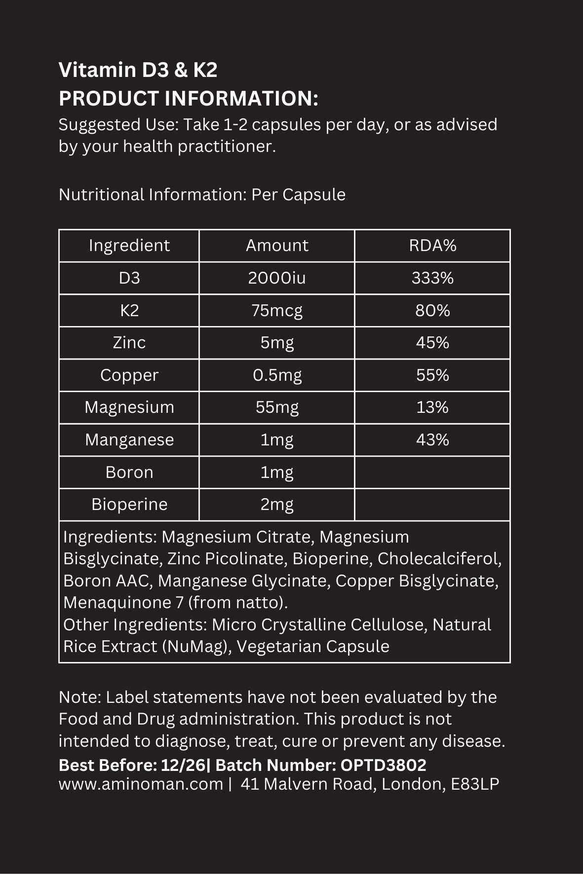 Back of pack: Vitamin D3 & K2 product information, suggested use, nutrition table and ingredients