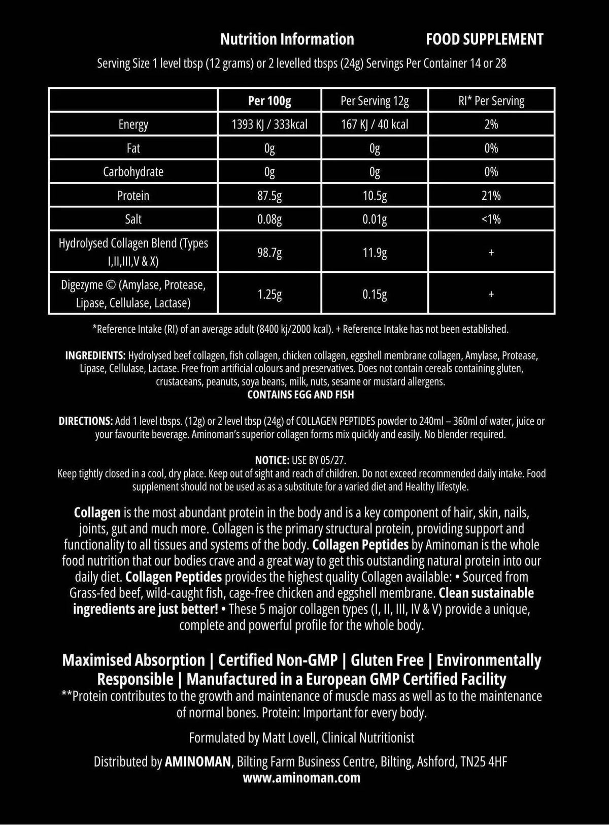 Back of pack: nutrition information, ingredients and directions for Collagen Peptide Matrix unflavoured powder