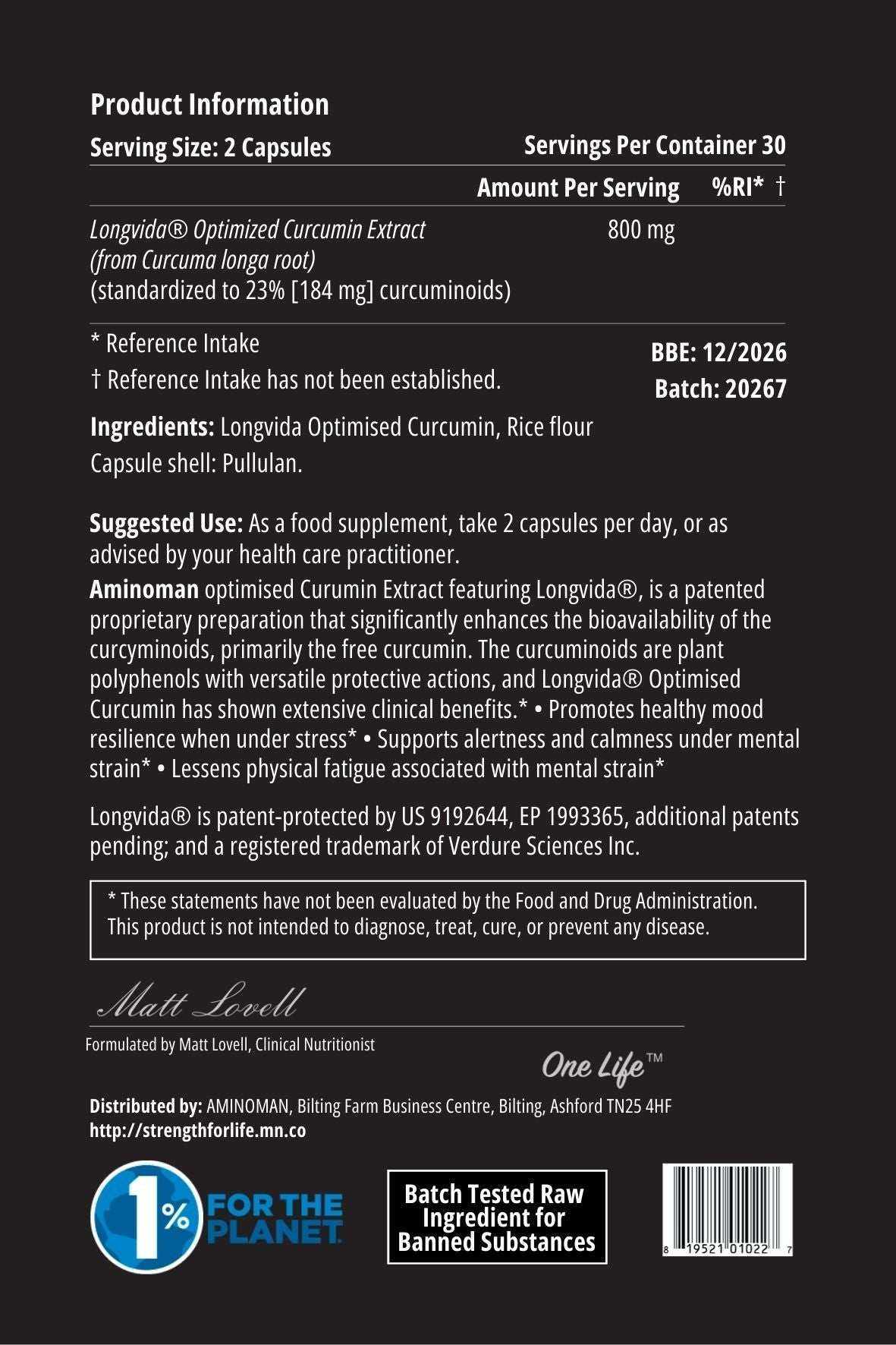 Back label of Longvida Mega Curcumin pouch showing product information, ingredients and suggested use