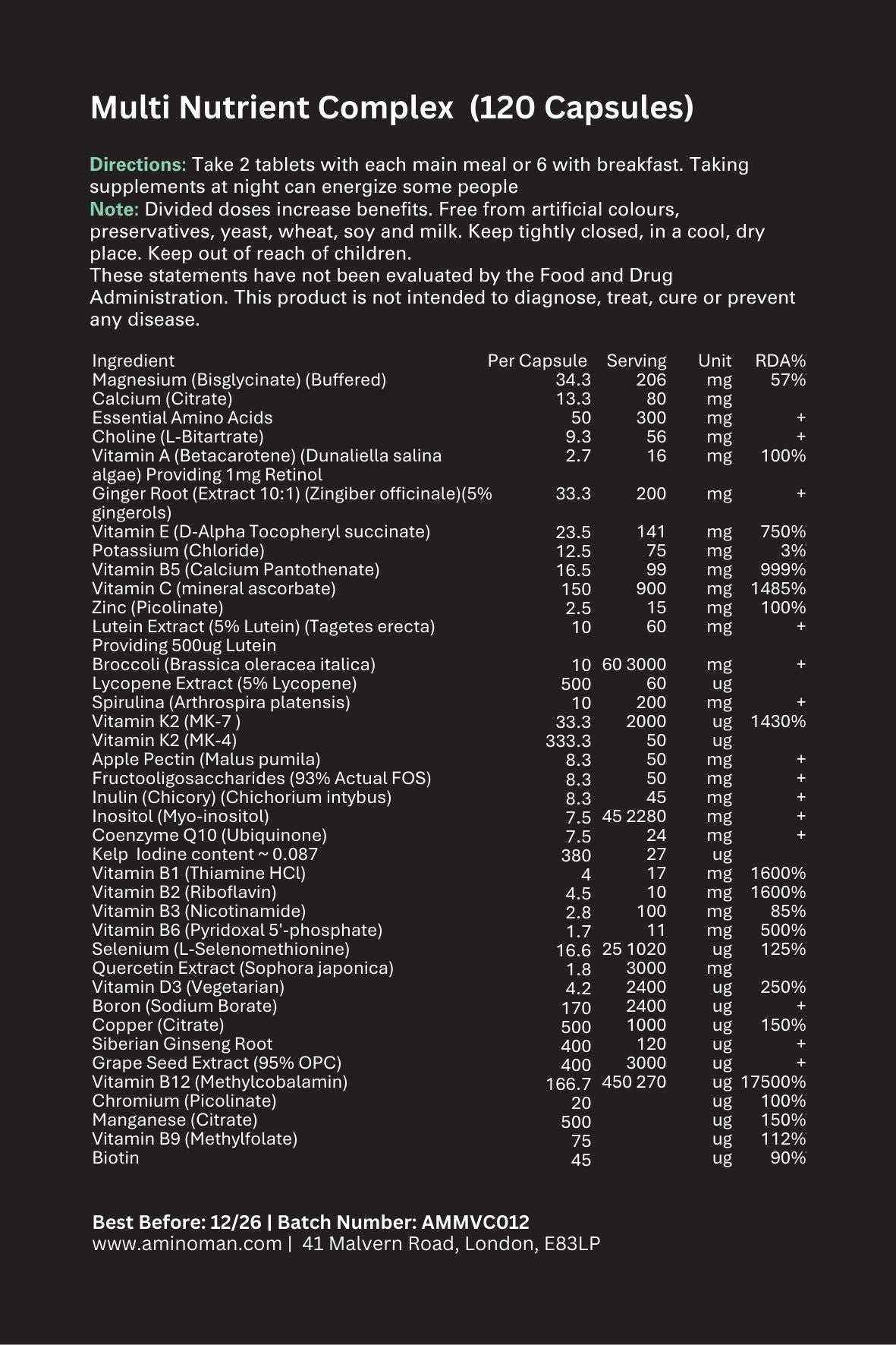 Back of pack: Multi Nutrient Complex 120 capsules directions and ingredient amounts table