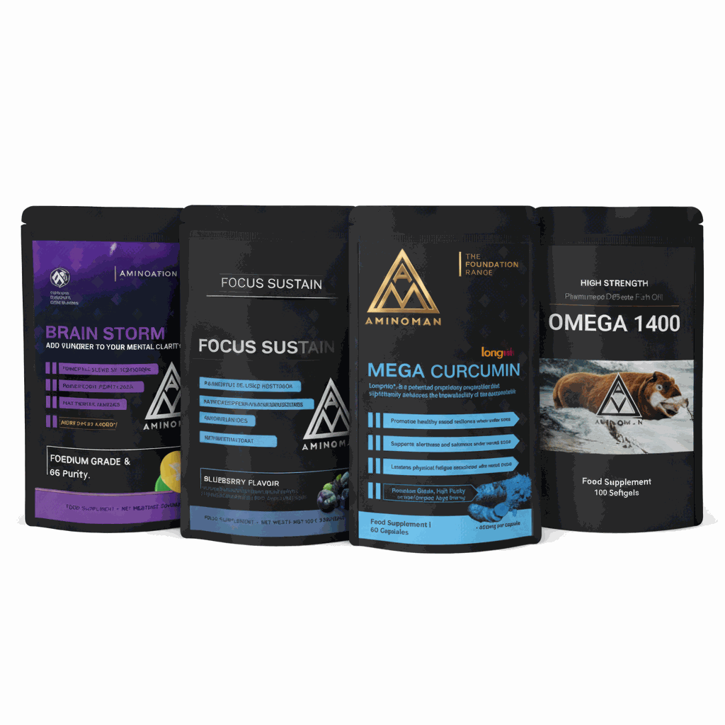 Nootropic supplement stack: Brain Storm, Focus Sustain, Mega Curcumin and Omega 1400