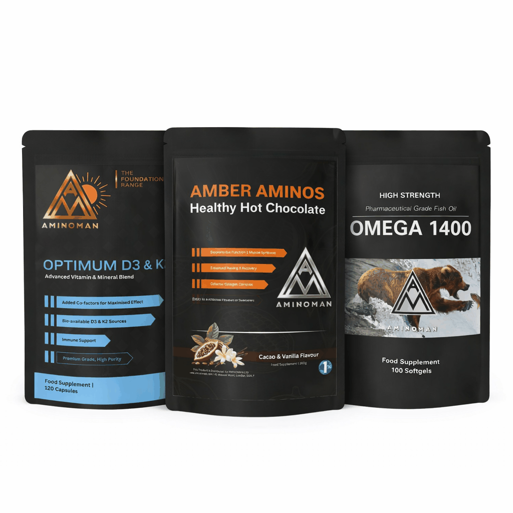 Sleep Support Supplement Stack with adaptogenic hot chocolate, Omega 1400 fish oil and Vitamin D3 & K2. Supports relaxation, nervous system balance and recovery.