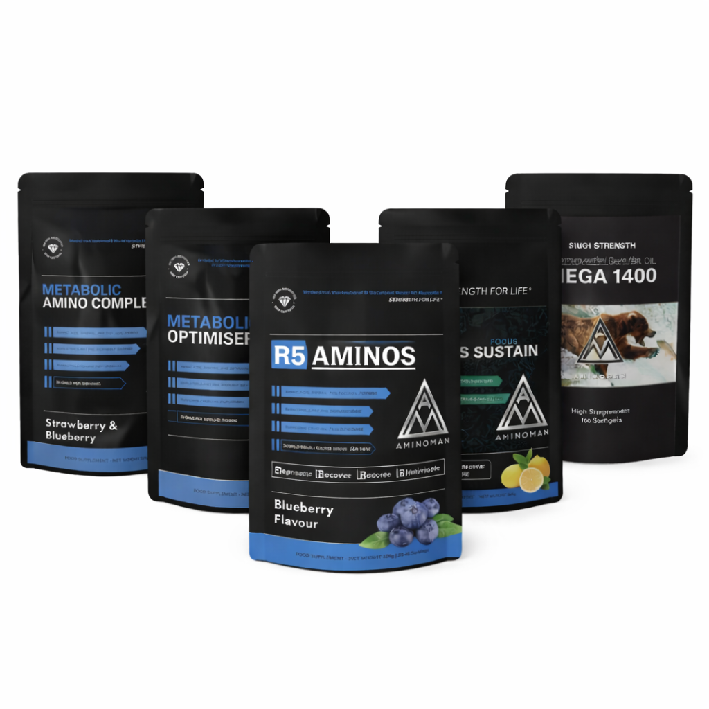 Tennis Players Supplement Stack of Aminos supplement packages on a white background
