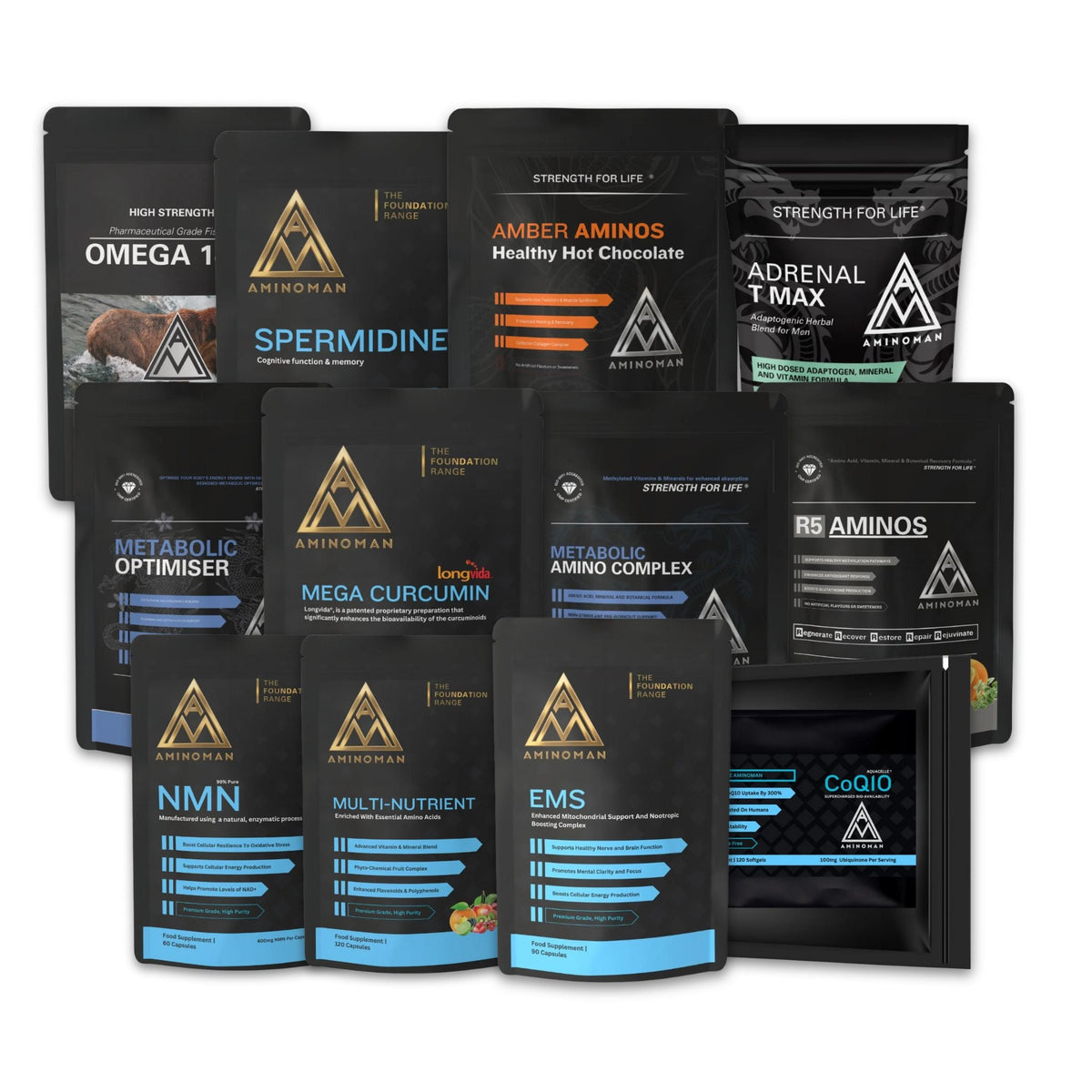 Anti-aging supplements stack with NMN, Spermidine, CoQ10, Curcumin, Omega 1400, R5 Amino. Supports cellular health, mitochondrial function, energy & healthy ageing.