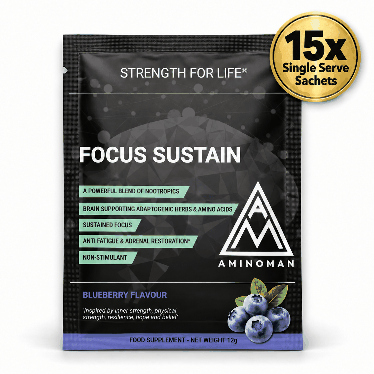 Focus Sustain Formula sachet with black geometric packaging, mint-green text accents, and blueberry flavour graphics.