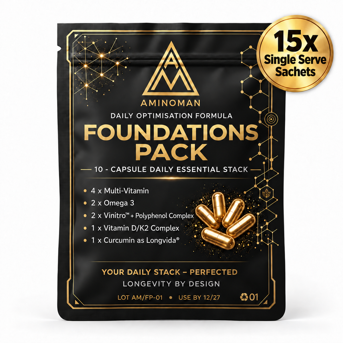 Foundations (15x Single Serve Satchets) supplement sachet pack in black with gold lettering, geometric details and capsule illustration.