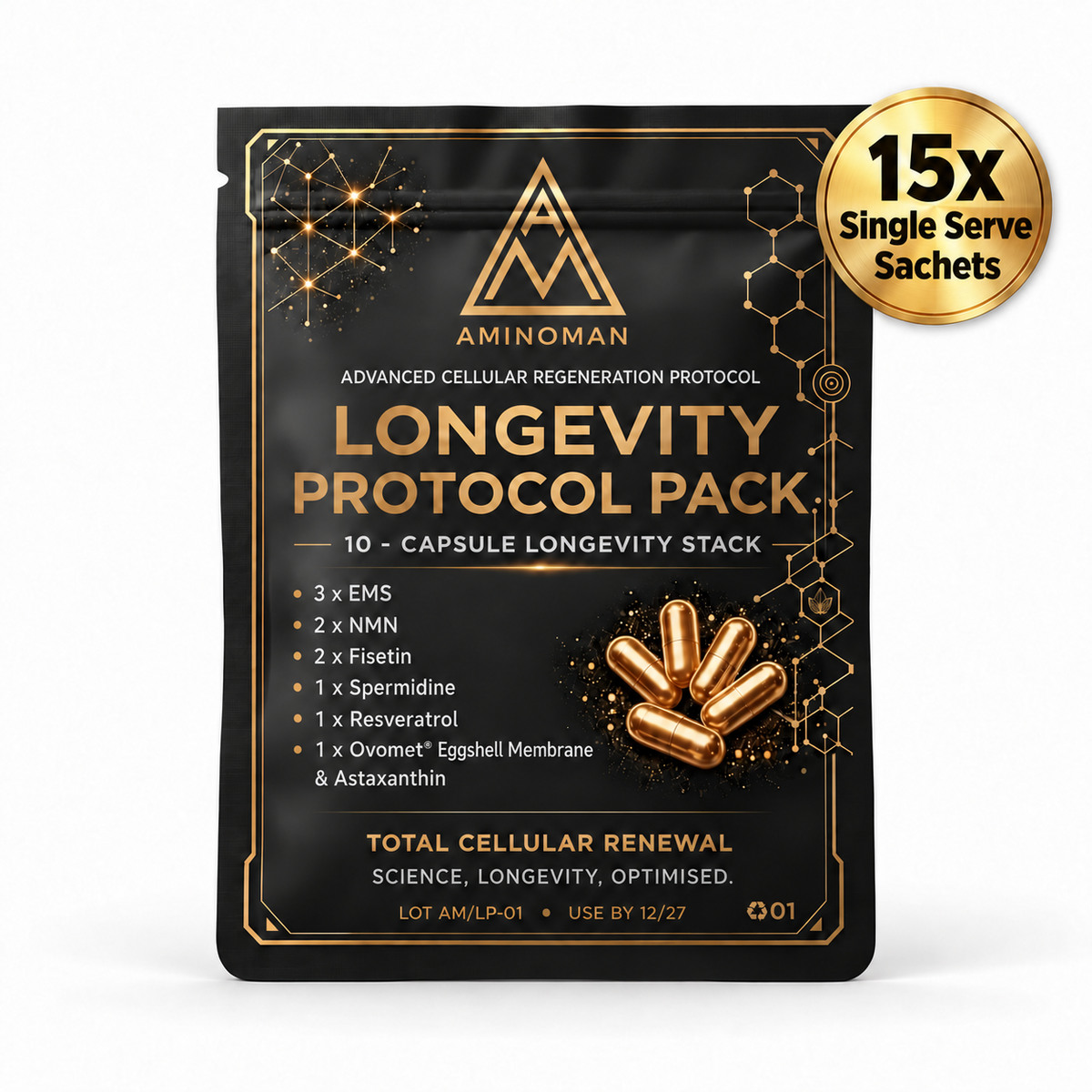 Longevity Protocol Pack in a black sachet pouch with gold geometric accents, text and raised capsule motif, marked 15x single serve sachets.