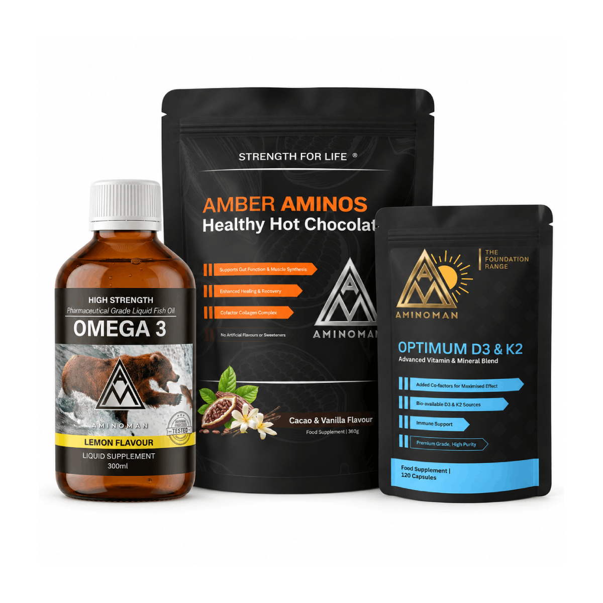 Winter Wellness Immunity Stack featuring amber aminos hot chocolate cacao vanilla, omega 3 lemon flavour liquid fish oil, and optimum D3 K2 capsules