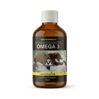 Omega 3 liquid fish oil supplement in brown bottle with white cap and lemon flavour label, part of Winter Wellness Immunity Stack