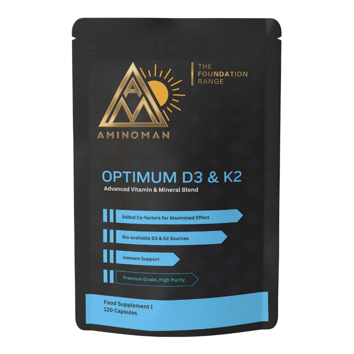Optimum D3 & K2 black and blue resealable supplement pouch containing 120 capsules for immune support and vitamin blend in Winter Wellness Immunity Stack